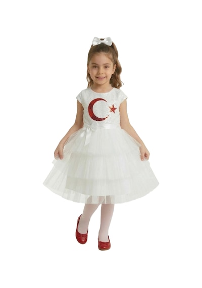 Mnk Baby & Kids Ay Yıldız Motifli Kız Çocuk 23 Nisan Elbisesi M00813 Beyaz