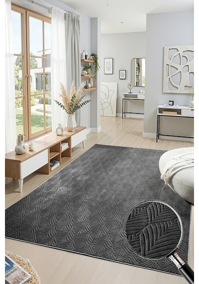 Raschel Carpet Premium Yıkanabilir Leke Tutmaz Yaprak Emboss Koyu Gri Özel Seri Kaymaz Taban Halı Yolluk Koyu Gri