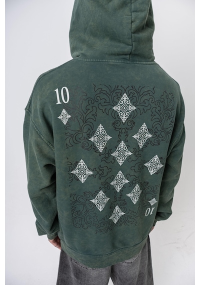 Respire Erkek 10 Baskılı Yıkamalı Kapüşonlu Oversize Hoodie Yeşil