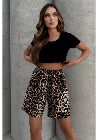 Lesa Wear Yüksel Bel Bol Kesim Keten Görünümlü Çift Cepli Şort Leopar