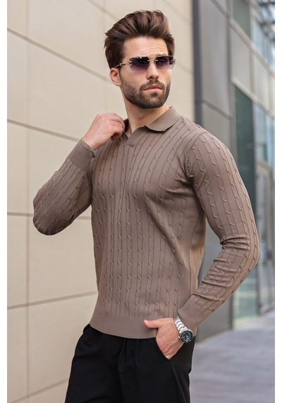 Madmext Açık Kahverengi Polo Yaka Saç Örgü Desenli Erkek Triko Kazak E7519