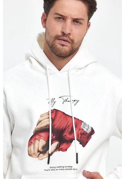 Erkek 3 İplik Pamuklu Kapüşonlu Cepli Box Eldiven Baskılı Hoodie Sweatshirt - Beyaz