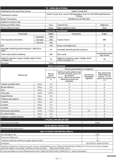 Vestel NF64012 EX GI PRO WIFI 586 LT No-Frost Çift Kapılı Buzdolabı