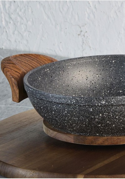 Granit Kaplama Sahan - Alüminyum Döküm, Ahşap Kulplu Sahan -18 Cm Gri