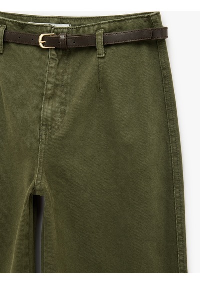 Koton Pamuklu Geniş Paça Kemerli Crop Pantolon - Wide Leg Jeans Haki 7wal40008mw