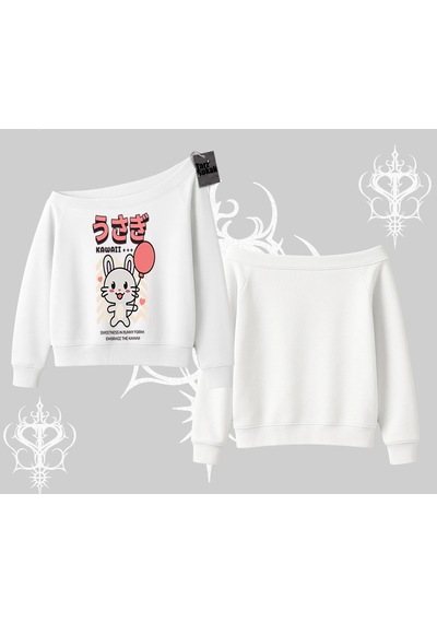 Startmore Kayık Yaka Sweatshirt Usagi Kawaii Cute Heart Energy Beyaz