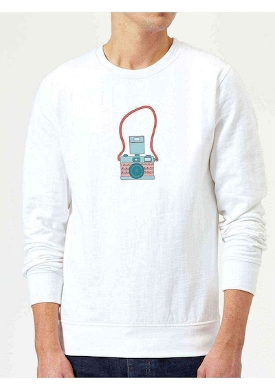 Etnik Renk Fotoğraf Makinesi Baskılı Beyaz Erkek Sweatshirt