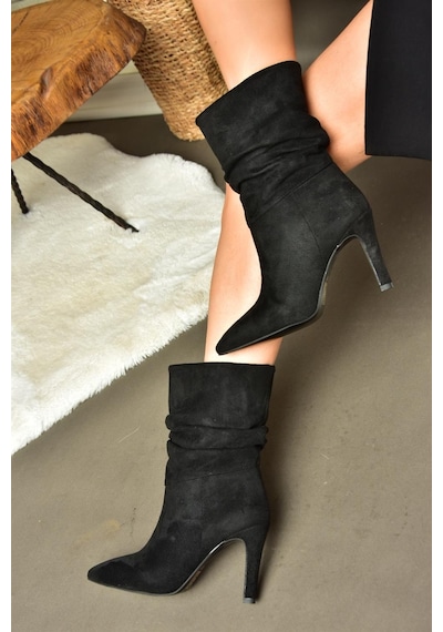 Fox Shoes R404020302 Siyah Süet İnce Topuklu Büzgülü Kadın Bot Siyah