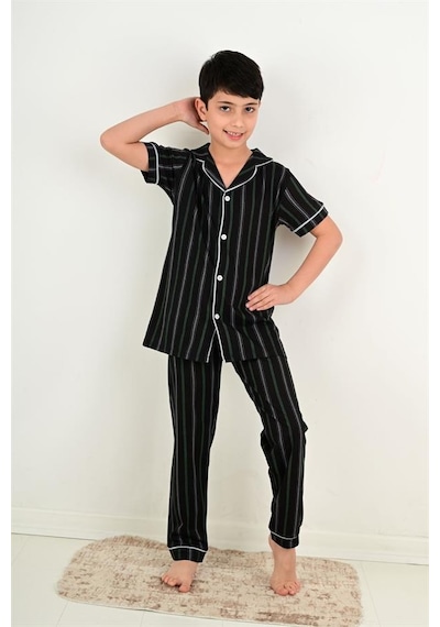 Vitmo erkek çocuk kısa kollu düğmeli pijama takımı atlas model siyah