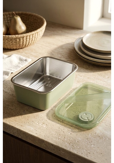Stainless Paslanmaz Çelik Vakumlu Saklama Kabı,fırın Ve Kek Kabı 1,3lt Yemek Kabı Sefer Tası Yeşil