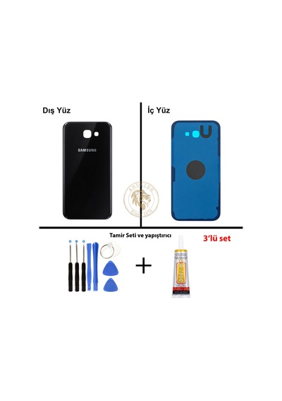 Samsung Galaxy A7 2017 A720 Siyah Renk Arka Kapak + Tamir Seti + B7000 Yapıştırıcı Arka Cam Batarya Kapağı Pil Kapağı Lazer Kesim Back Cover Galaxy A7 2017 Uyumlu