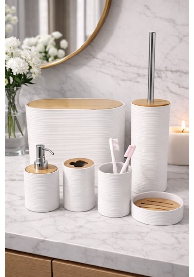 Makri Home 6 Parça Beyaz Banyo Seti, Bambu Detaylı, 8l Çöp Kovası 24x26x16 Cm