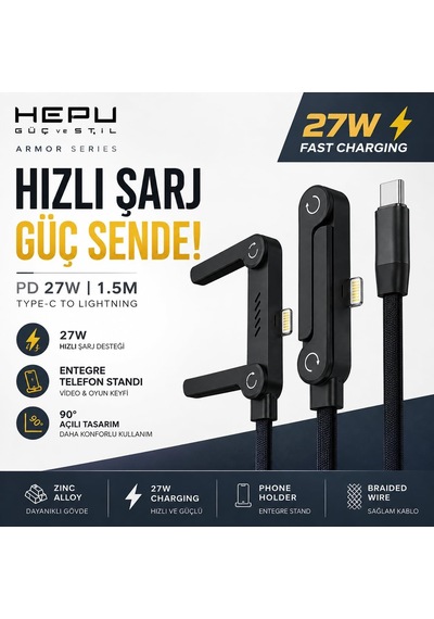 Armor Series Hp-alc01 27w Hızlı Şarj Kablosu - 1.5m Entegre Telefon Standlı Ve 90 Açılı Lightning Şarj/veri Kablosu Dayanıklı Örgülü Yapı