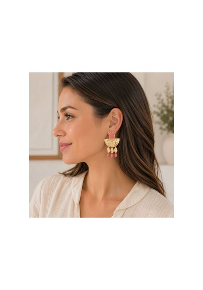 Gold Pembe Taşlı Sallantılı Küpe Büyük Boy Gösterişli Küpe Pembe - 886706235 Pembe - 886706235 Pembe