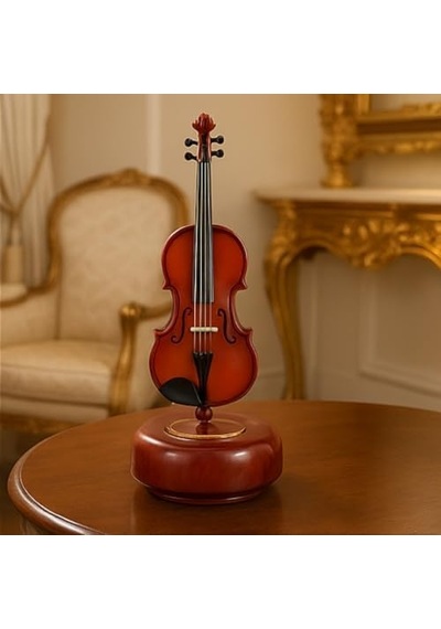 Dekoratif Klasik Keman Figürlü Müzik Kutusu 18 Cm Ahşap Standlı Retro Döner Mekanizmalı Masaüstü Süs Ve Hediyelik