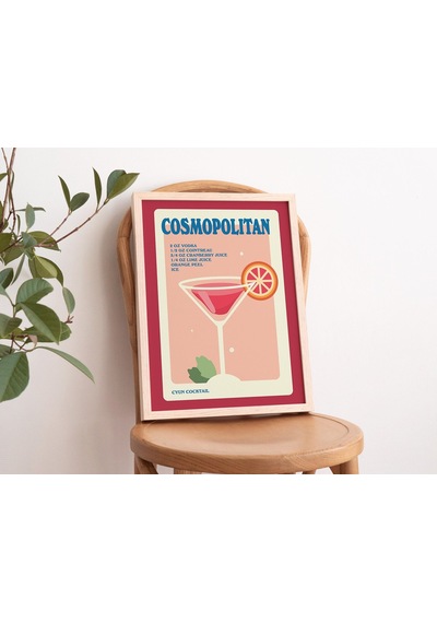 Cosmo Alkol Posteri, Minimalist Kozmopolit, Mutfak Bar Dekoru, Kırmızı Kokteyl Posteri