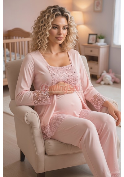 Lady Bebe Pembe Renkli Dantel Detaylı, 33203 Uzun Kol, 2 Parça Lohusa Hamile Pijama Takımı Açık Pembe
