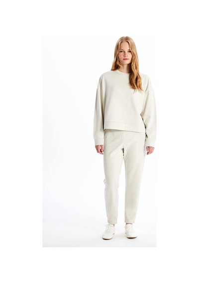 LC Waikiki Lcw Vision Bej Bisiklet Yaka Oversize Kadın Sweatshirt Taş