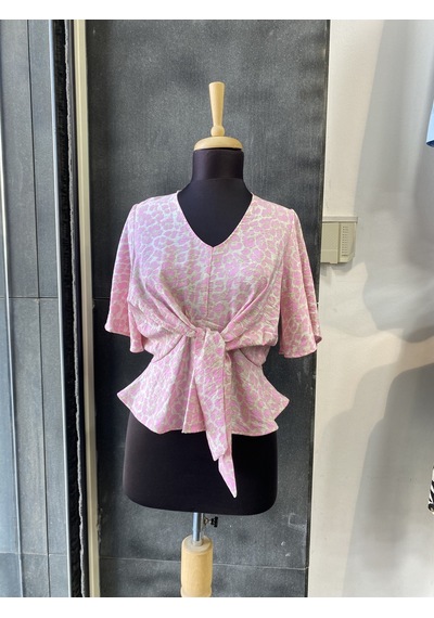Pera Moda Leopar Desenli Önden Bağlamalı Beli Lastikli Crop Bluz Gömlek Pembe