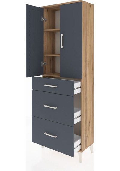 Arges Dolap 3 Raflı 3 Çekmeceli 2 Kapaklı 60x30x182 Çam-antrasit Çam