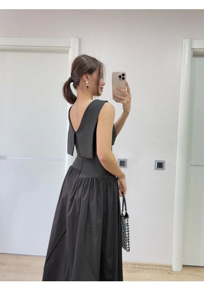 Defymoda Arkası Kanatlı Uzun Elbise- Siyah Siyah