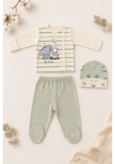 Beniizle Fil Ve Zebra My Friends Baskılı 3'lü Bebek Hastane Çıkış Set Yeşil