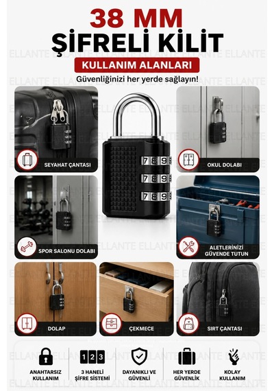 38 Mm 3 Haneli Şifreli Asma Kilit Anahtarsız Güvenlik Paslanmaz Çelik Kanca Bavul, Dolap Ve Ça