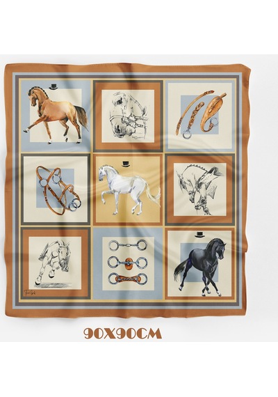 Horse İcons Scarf Desen 90x90cm Eşarp/fular Kahverengi-taba