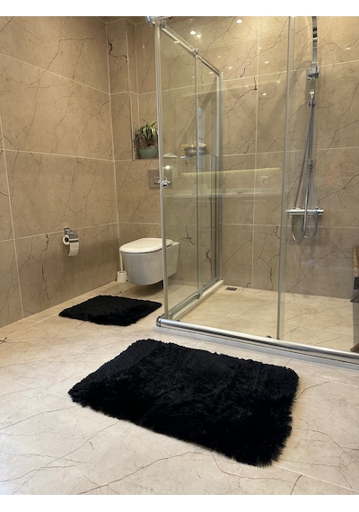 Tavşan Siyah Kaymaz Tabanlı 2'li Banyo Halısı Seti