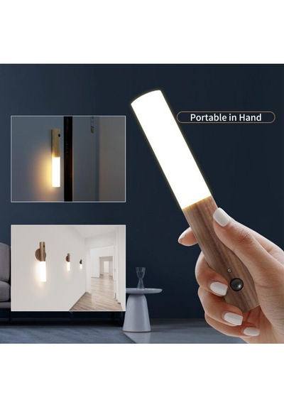 Modern Sensörlü Usb Şarjlı Mıknatıslı Taşınabilir Duvar Aplik Ahşap