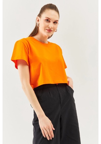 Kadın Rahat %100 Pamuklu Penye Bisiklet Yaka Kısa Kol Basic Crop T-shirt Turuncu