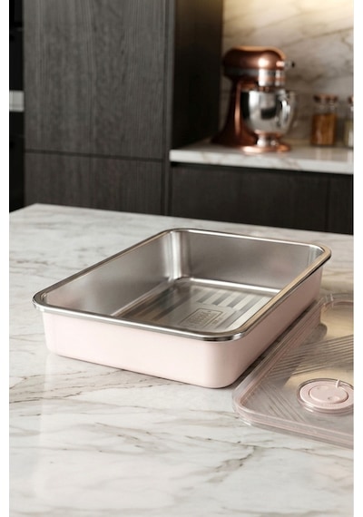Stainless Paslanmaz Çelik Vakumlu Saklama Kabı,fırın Ve Kek Kabı 3 Lt Yemek Kabı Sefer Tası Pembe