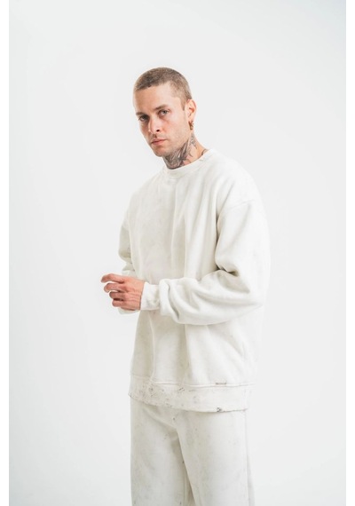 Erkek 3 İplik Pamuklu Bisiklet Yaka Yıkamalı Sweatshirt - Beyaz