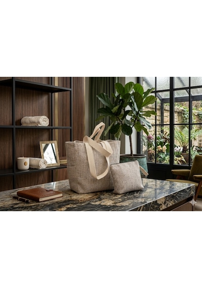 Faralya Life Çizgili Çanta 50x42 Cm Ve Makyaj Çantası Seti 26 21cm Bez Çanta Kombin Set Siyah