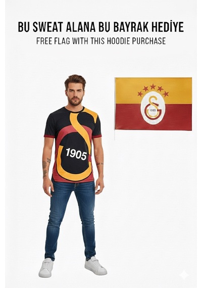Gsstore Galatasaray Lisanslı Unisex Siyah Arma T-shirt Bayrak Hediyeli Siyah