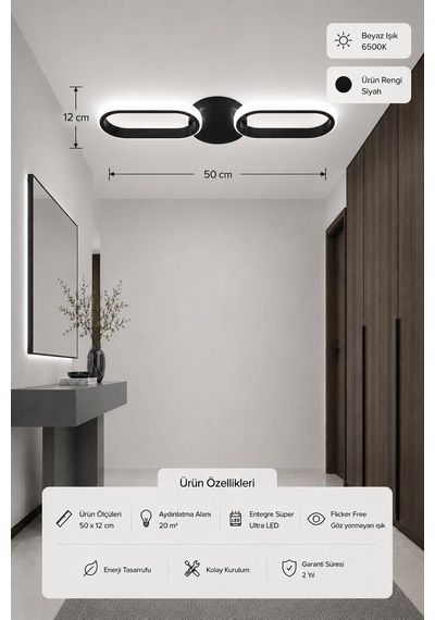 Hilton 2'li Led Plafonyer Avize Beyaz Işık Siyah