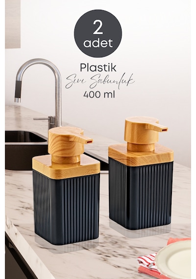 Grimorlife 2 Adet Siyah Akrilik Sıvı Sabunluk Mutfak Banyo Sabunluk Seti- 400 Ml Cam Değildir Siyah