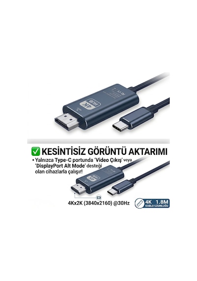 4k Ultra Hd Type-c To Hdmı Görüntü Aktarım Kablosu - 1.8 Metre Alüminyum Gövde Tak Çalıştır