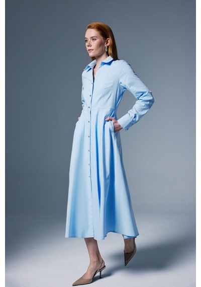 Sateen Uzun Düğme Detaylı Elbise - Mavi-137084 Mavi