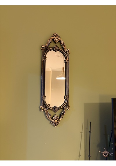 Kısa Oval Dekoratif Duvar Aynası Siyah & Eskitme Altın Yaldız 60x20 Cm Naturel