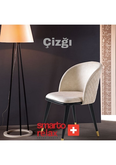 Smarto Relax Çizgi 2'li Yemek Masası Sandalye Seti - Ahşap Ayaklı, Beyaz Kumaş Kahverengi & Bej