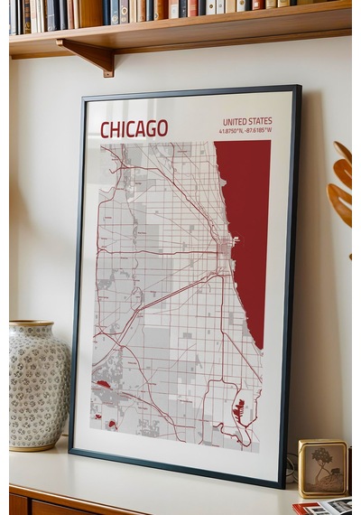 Chicago Abd Şehir Haritası Çerçeveli Tablo Lüks Salon Ofis Duvar Dekorasyonu Hediyelik Tablo
