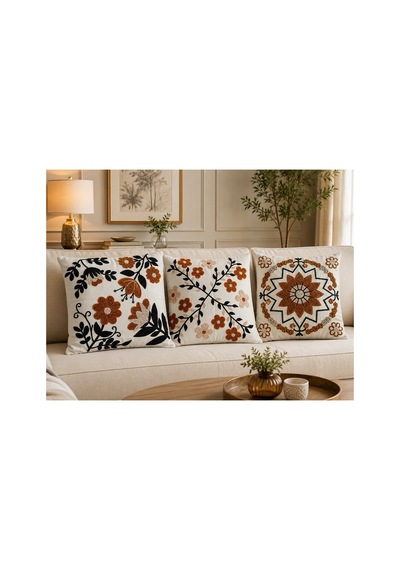 3 Lü 43x43 Cm Dekoratif Kırlent Kılıfı Seti Çiçek Desenli, Dijital Baskılı, Fermuarlı Bej Bej