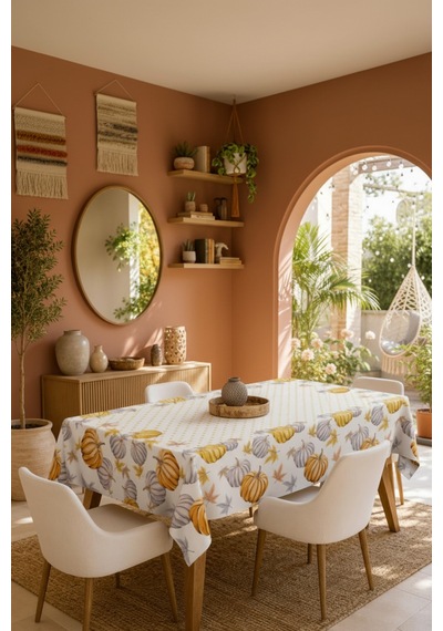 Vivanni Home Yıkanabilir Dikdörtgen Masa Örtüsü Günlük Kullanıma Uygun Pratik Ve Uzun Ömürlü Balkabağı Beyaz