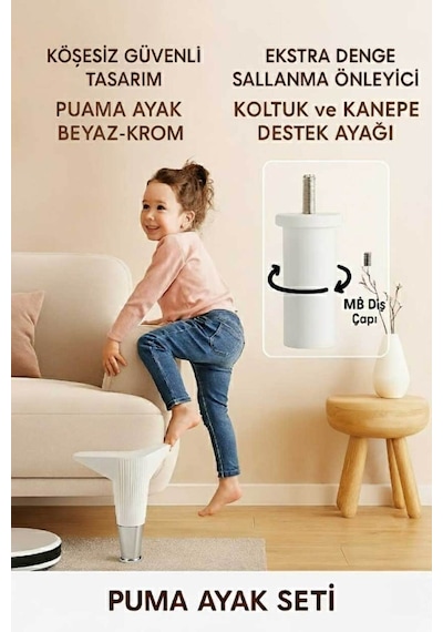 Puma 15 Cm Beyaz-krom 6'lı Set Mobilya Kanepe Tv Ünitesi Dolap Konsol Ve Destek Ayağı Beyaz-krom