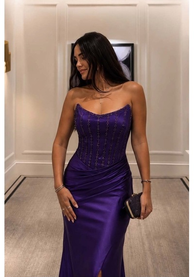 DefyModa Kadın Trend Straplez Yırtmaçlı Abiye Elbise Mor
