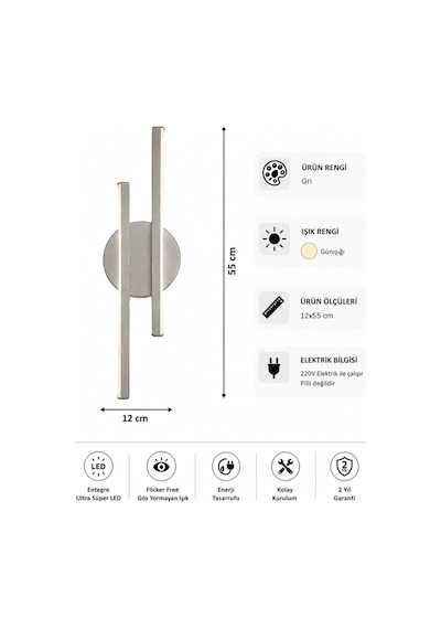 AvizeGO Aden Modern Led Duvar Apliği Günışığı Gri