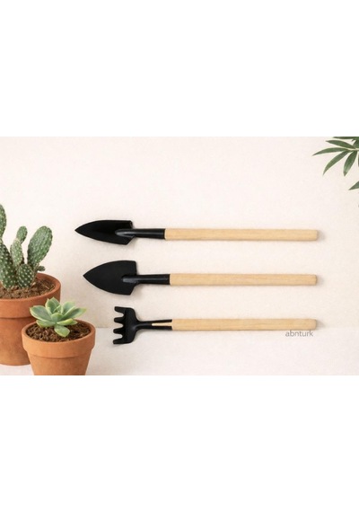 3 Parça Ahşap Saplı Saksı Bakım Seti 20cm Boyutunda Mini Kürek Sivri Kürek Tırmık Seti