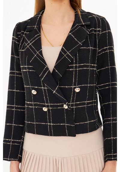 Armonika Kadın Siyah-bej Kruvaze Yaka Tüvit Crop Ceket Arm-24k001014