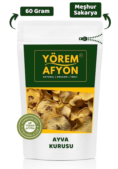 Yörem Afyon Meşhur Sakarya Pamukova Yöresinden %100 Meyve Glütensiz Ayva Kurusu, Cips Cydonia Vulgaris 60gr. 60 G